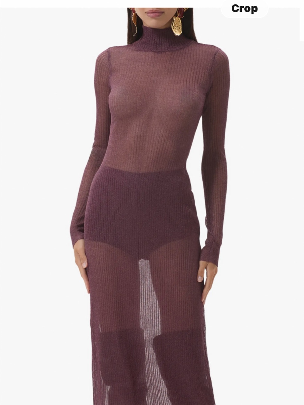 Sheer Ribbed Long-Sleeve Maxi Dress in Plum